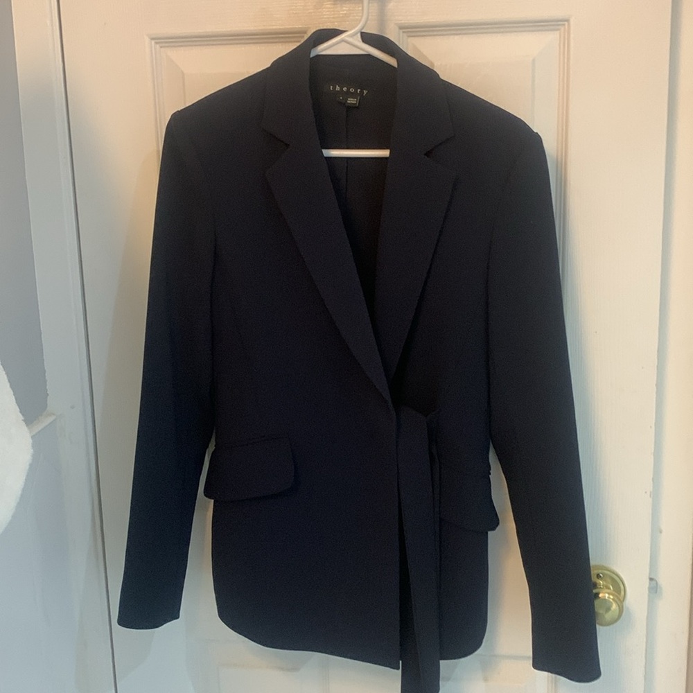 Theory deep navy admiral crepe side tie blazer